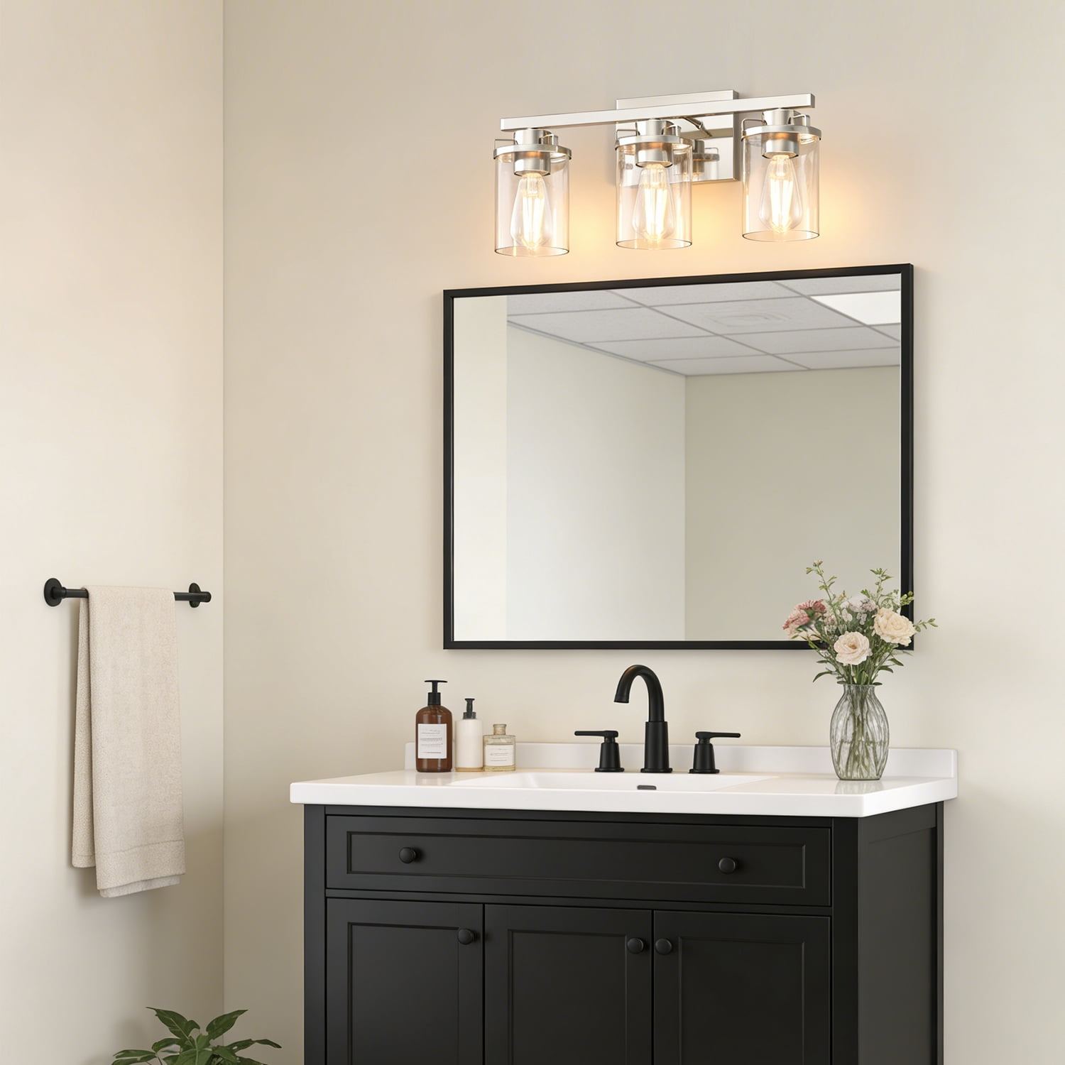 YANSUN 17.8 in 3-Light Industrial Bathroom Vanity Light Fixture with Clear Glass Shades, Brushed Nickel Wall Light for Bathroom Vanity Table, E26 Base
