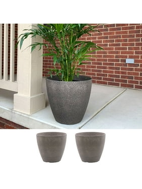 2-Pack 15 Inch Round Faux Stone Resin Garden Potted Planter Flower Pot Indoor Outdoor, Brown