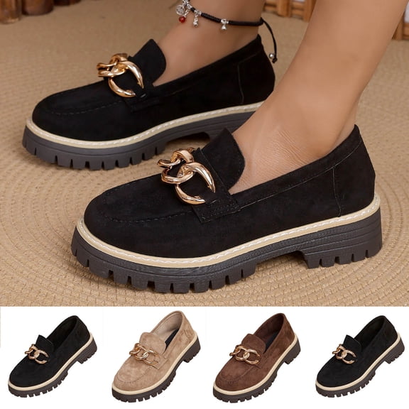 Women's Chunky Platform Loafers, Trendy Suede Slip On Shoes with Gold Chain Detail, Comfortable Lug Sole Block Heel Pumps, Plus Size Available for Wide Feet, Fashionable Casual Dress Shoes