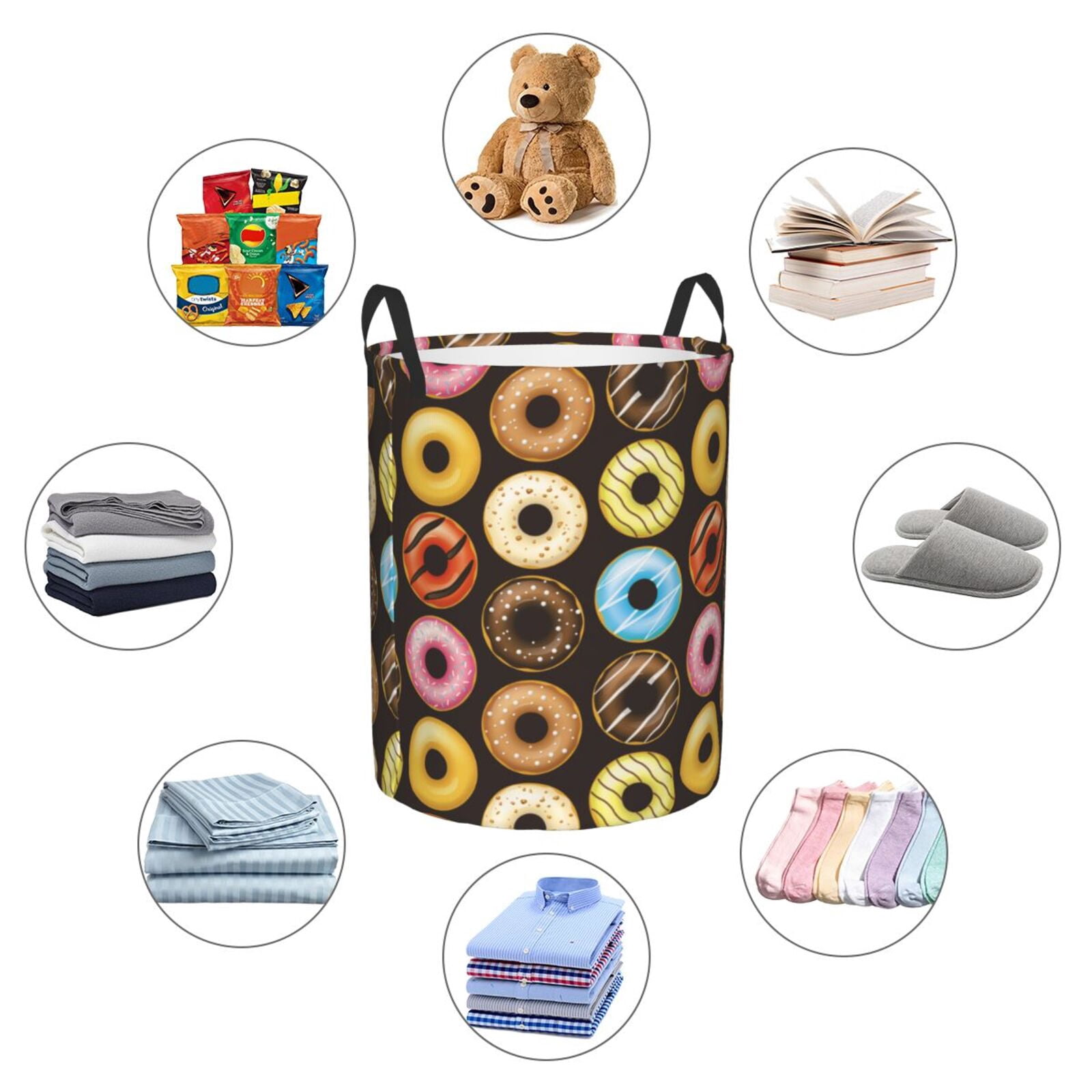 Large Laundry Basket with Handles - Donut Print No.9036 Kids Baby Dirty Clothes Laundry Hamper for Bedroom Aesthetic