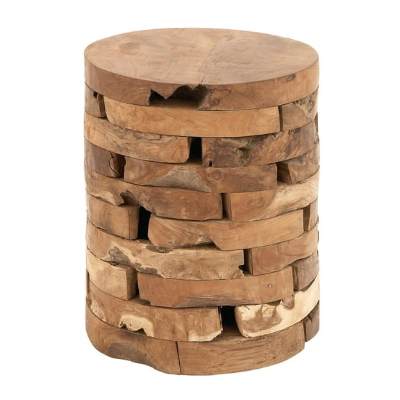 DecMode Brown Contemporary Round Stacked Brick Style Wood Accent Table, 14"W x 18"H