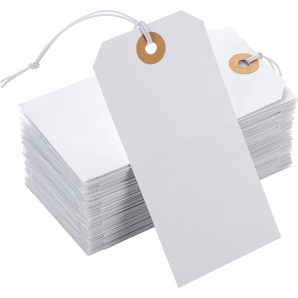 100 etiquetas de precios grandes con cuerda elástica, etiquetas de papel blancas para colgar con cuerda adjunta, orificio reforzado escribible de 4,76 ''× 2,36''