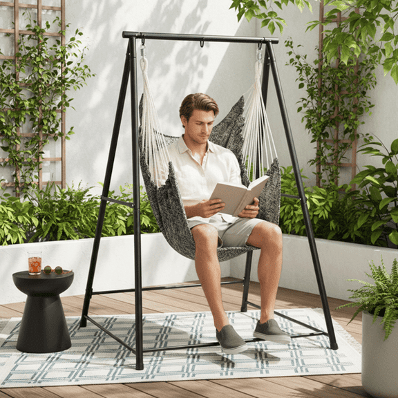 43.3"x46.5"x70.9" Black Iron Hammock Chair Stand with Swing Chair Indoor Outdoor Portable Heavy Duty CY