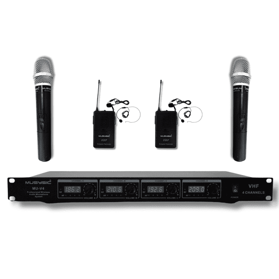 MUSYSIC MU‑V4‑HL Professional 4‑Channel VHF Wireless Microphone System – 2 Handheld   2 Lavalier/Headset Mics, Long‑Range, Individual Volume Control, Rackmount Receiver