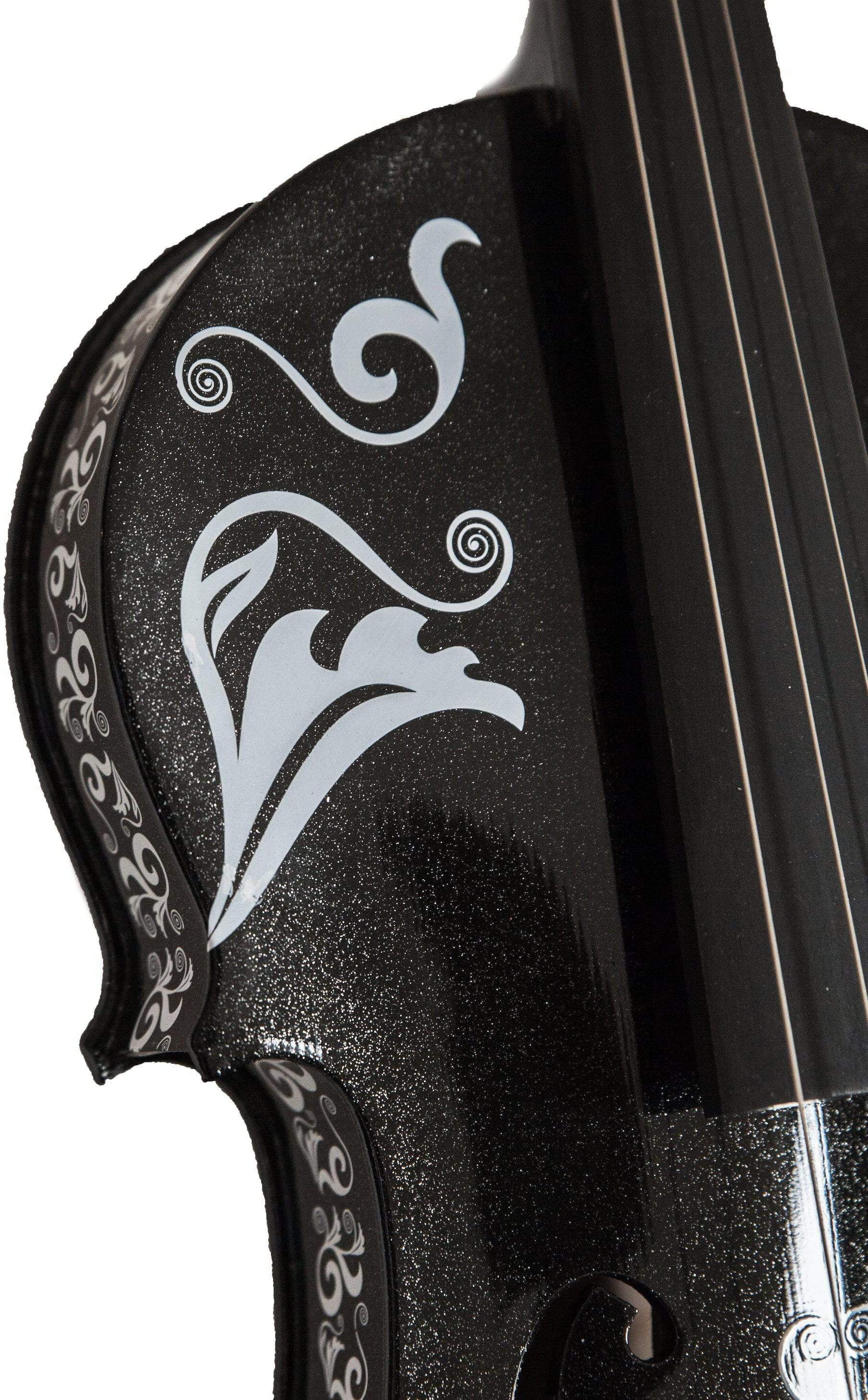 Cinco de Mayo Black Glitter Violin w Carbon Fiber Bow Case Crystal Fine Tuners Rosin Strings Set Up
