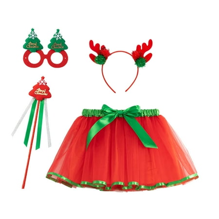 

EFGYYF Girls Tutu Skirt Kids Girls Christmas Dance Party Cartoon Tulle Skirt Ballet Skirts Hairband 4PCS Set Red 2-4 Years