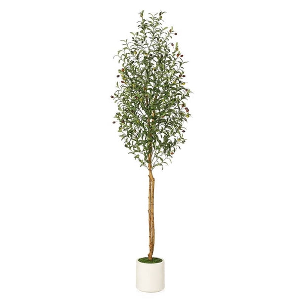 Qinaqin 7FT Fake Oliva Tree con Realistic Fau x Silk Leaves Blanco Planter Pot Natural Madera Trunk