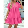 thumbnail image 6 of Summer Dresses for Women 2025 Vacation Short Sleeve V Neck Mini T Shirt Dress Pleated Ruffle Flowy Beach Rose Red S, 6 of 9