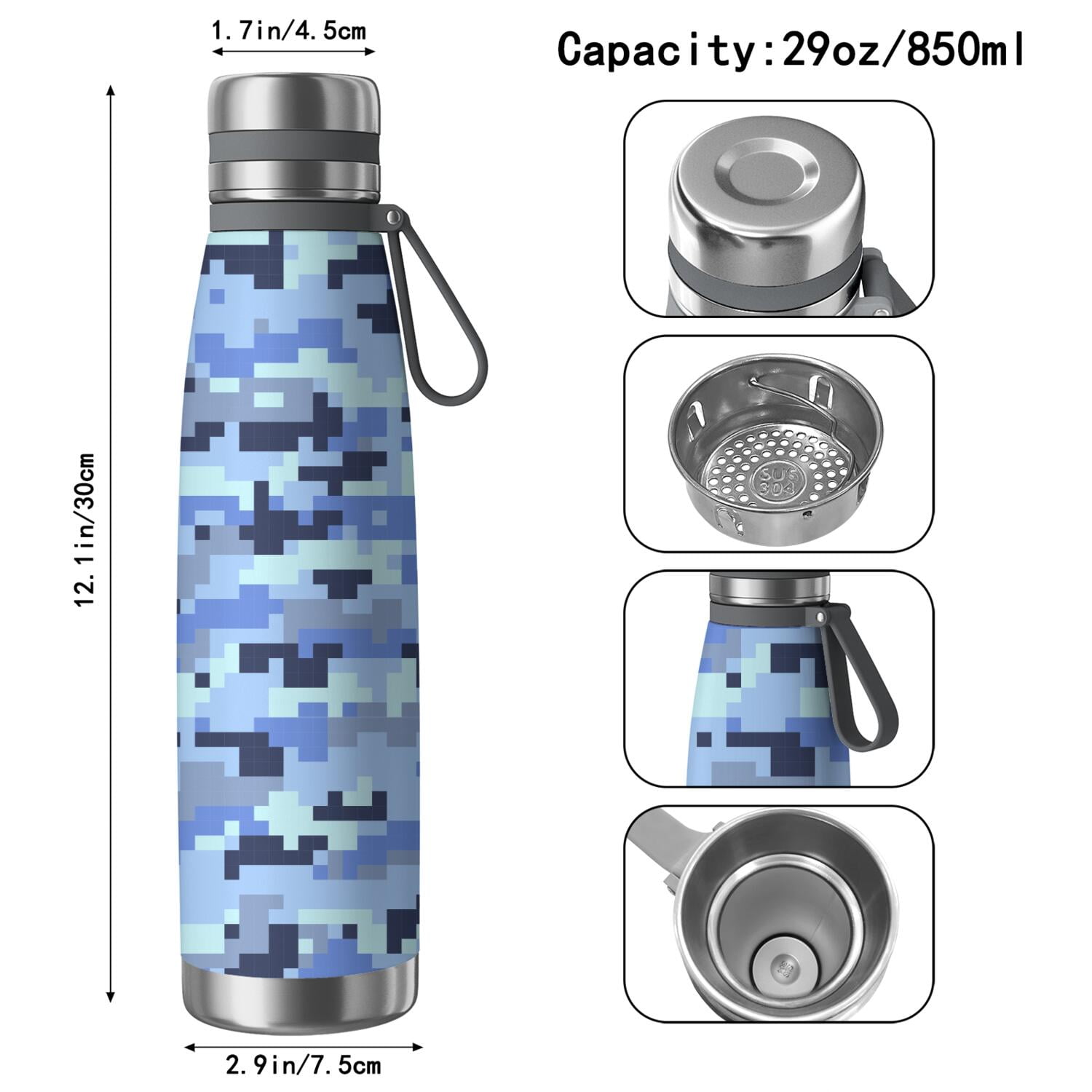 29oz Insulated Water Bottle with Tea Infuser, Stainless Steel Travel Mug, Camouflage Print