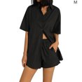 thumbnail image 3 of Qarigey Pantalones cortos de camisa para mujer, 2 uds., con solapa, parte de un solo pecho, pierna ancha conjuntos de ropa Negro M, 3 of 6