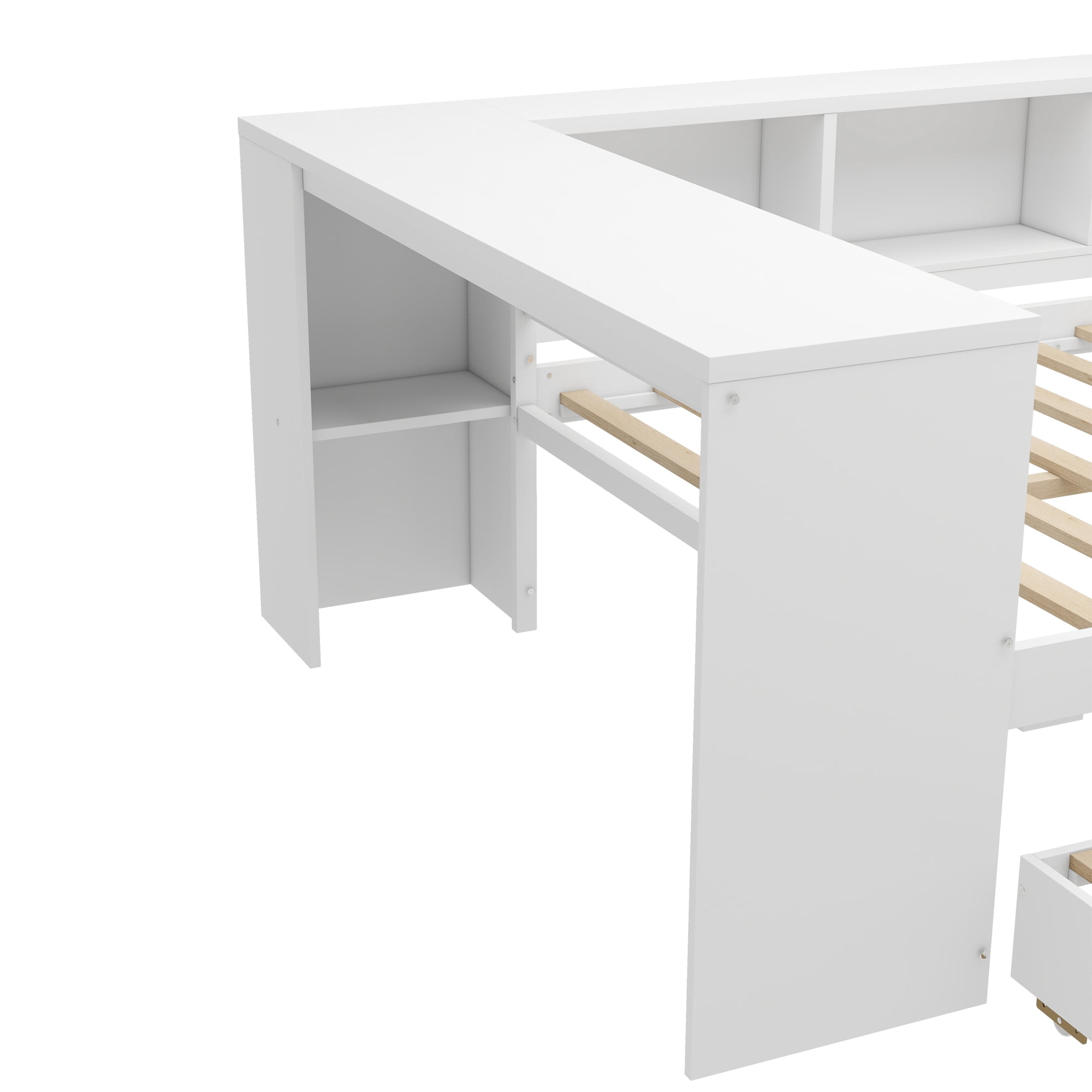Mintazer Full Wood Platform Bed with Desk & Trundle, Multifunctional Storage Daybed with 5 Side Shelves & 3 Drawers for Bedrooms Guest Rooms for Teens Kids, White