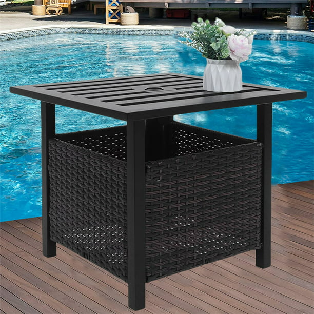 Side Table For Outdoor Segmart Patio With Umbrella Hole Wicker Black 22 X Dia1 6 Metal Supports 110lbs H1932 Com - Black Rattan Patio Set With Parasol Rack