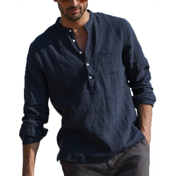 LVCBL Men's Grandad Collar Casual Shirt with Button Daily Clothing Navy L