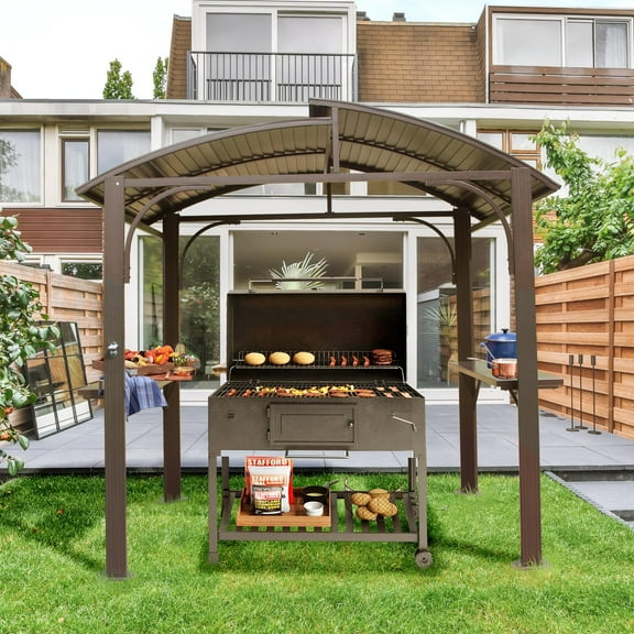 Mondawe 8x5FT Arc Roof, Grill Canopy for Outdoor Grill w/Double Galvanized Steel Roof and 2 Side Shelves, BBQ Gazebo Grill Tent for Patio Garden Backyard, Brown