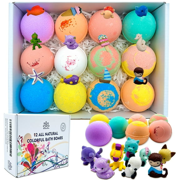 Bath Bombs for Kids with Surprise Toys Inside Handmade in USA Natural and Safe for Sensitive Skin by Relaxcation 12 Set
