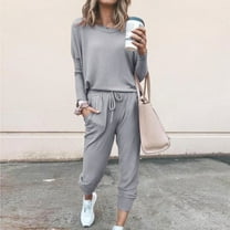 lcziwo Women's Casual 2 Piece Outfit Long Sleeve Crewneck Pullover Top and Long Pants Tracksuit Sweatsuit, Solid Color, Comfortable Fabric, S-2XL
