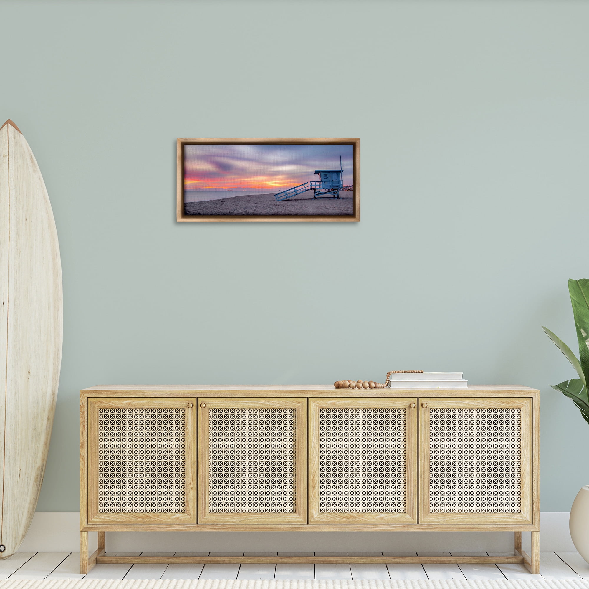 Stupell Industries Beach Hut Sunset Horizon Nature Photography Brown Floater Framed Canvas Art Print Wall Art, 31 x 14