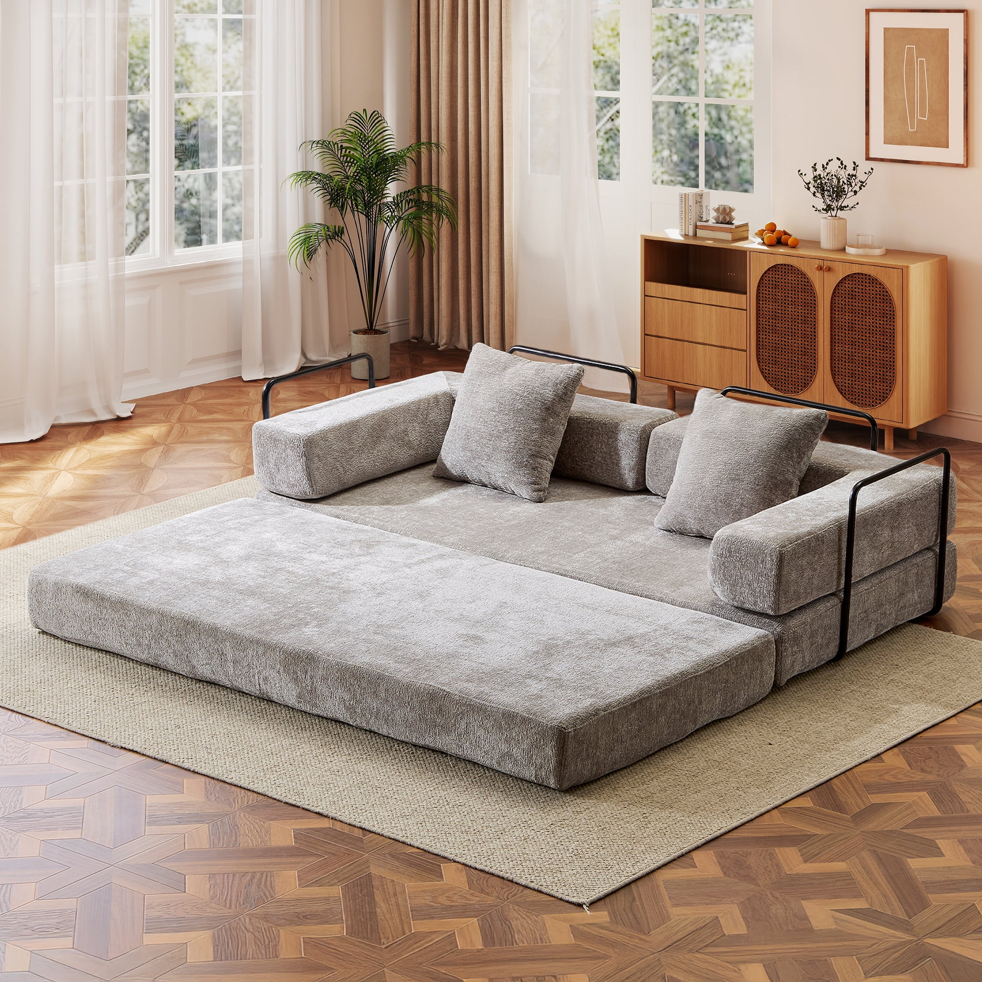 Timbernest 76.8" Folding Sofa Bed, King Size Convertible Sleeper Sofa with 2 Pillows, Chenille Floor Sofa for Living Room, Small Spaces, Light Gray