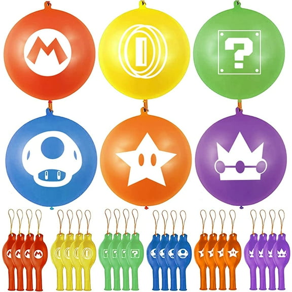 24Pcs Super Bro Punch Balloons Colorful Latex Punch Ball Video Game Mario Party Favors Bounce Balloons with Rubber Band Handle for Birthday Party