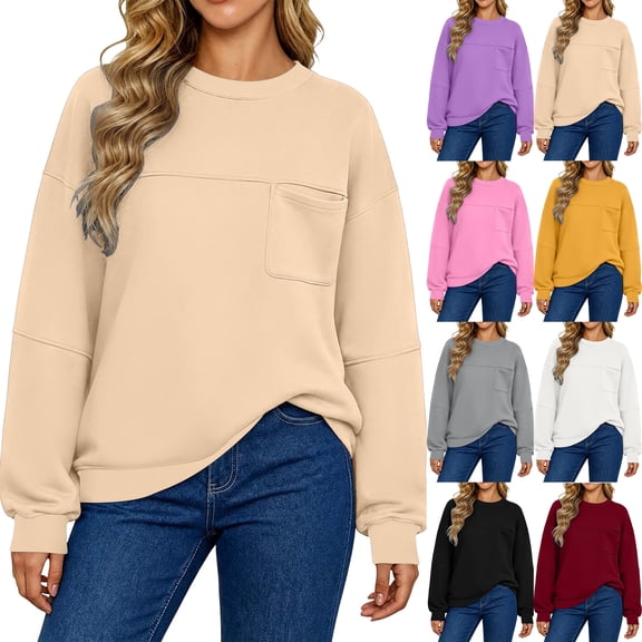 Loose Fit Sweatshirts for Women,Crew Neck Long Sleeve Pullover with Front Pocket,Casual Solid Color Tops for Traveling