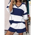 thumbnail image 2 of Women'S Two Piece Sets Summer Lounge Sets Striped Shirts and Shorts Set Oversized Matching Outfit Navy Blue & White M, 2 of 9