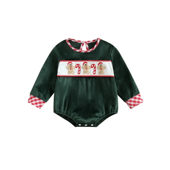 Rovasas Baby Christmas Romper Gingerbread Man Embroidery Long Sleeve Jumpsuit
