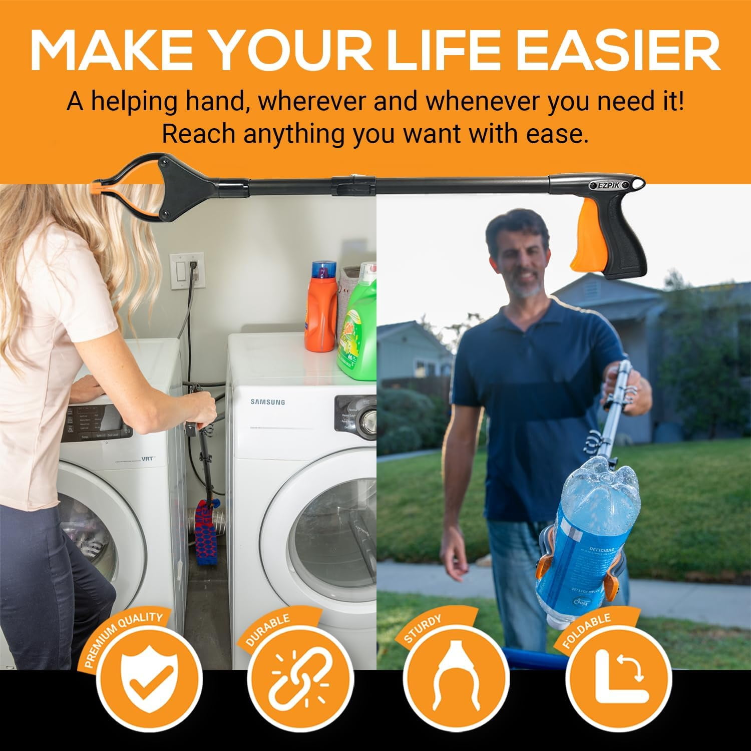 EZPIK Grabber Reacher Tool for Seniors, 26" Rotating Head Magnetic Reaching Aid – Classic Silver