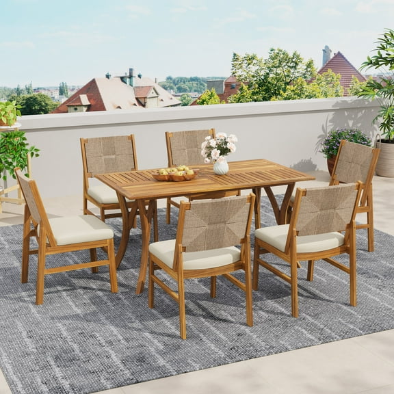 Christopher Knight Home 7-Piece Outdoor Dining Set, 59" Wood Table and Wicker Chairs with Cream Cushions