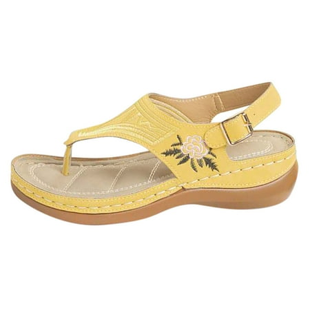 

LoyisViDion Womens Sandals Clearance Summer Flip Flops Fashion Flower Causal Wedges Embroidery Women Shoes Yellow 35