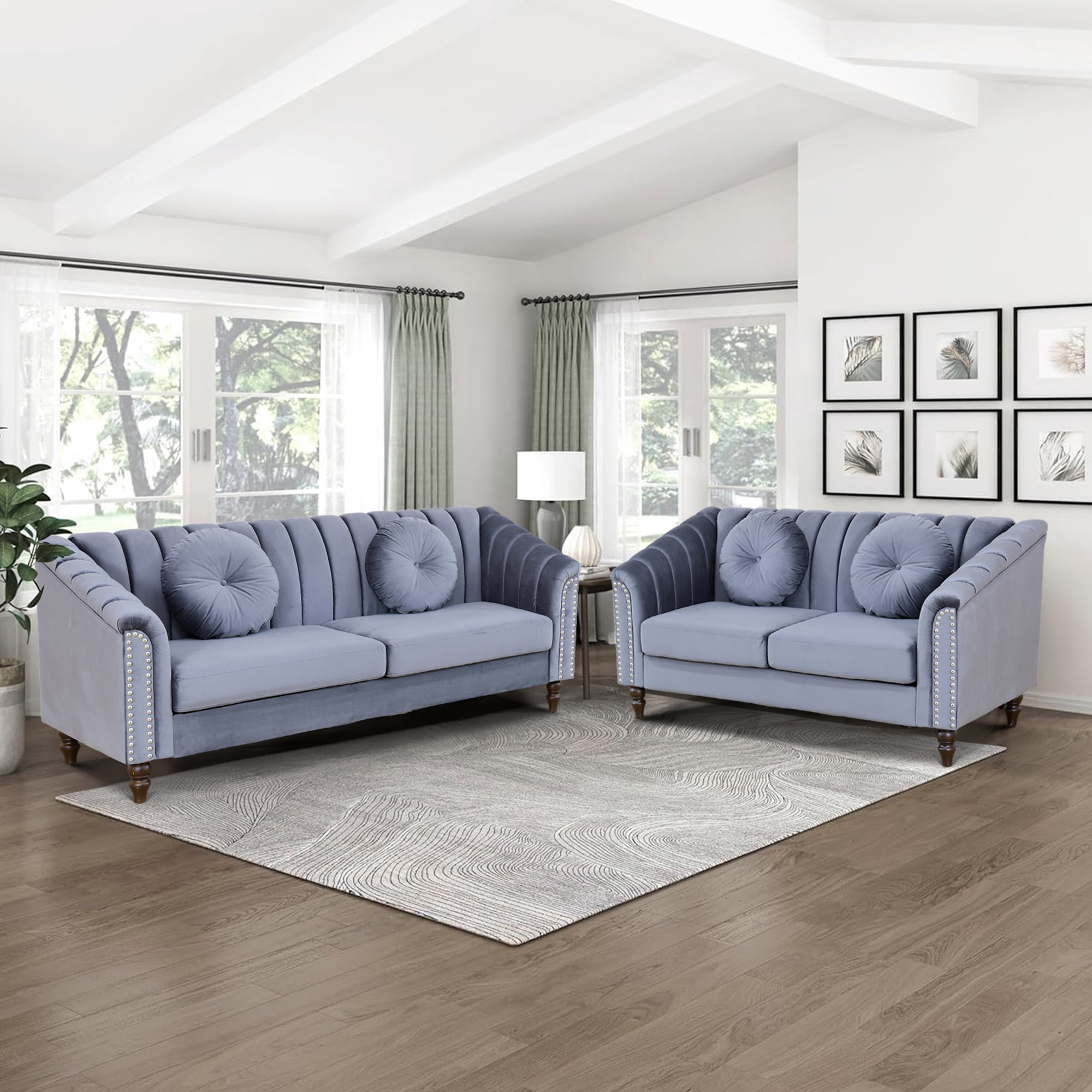 Aukfa 2 Pieces Sectional Sofa Couch Set, 21" Deep Seat Sofa for Living Room, 3 Seat Sofa, Loveseat,Gay