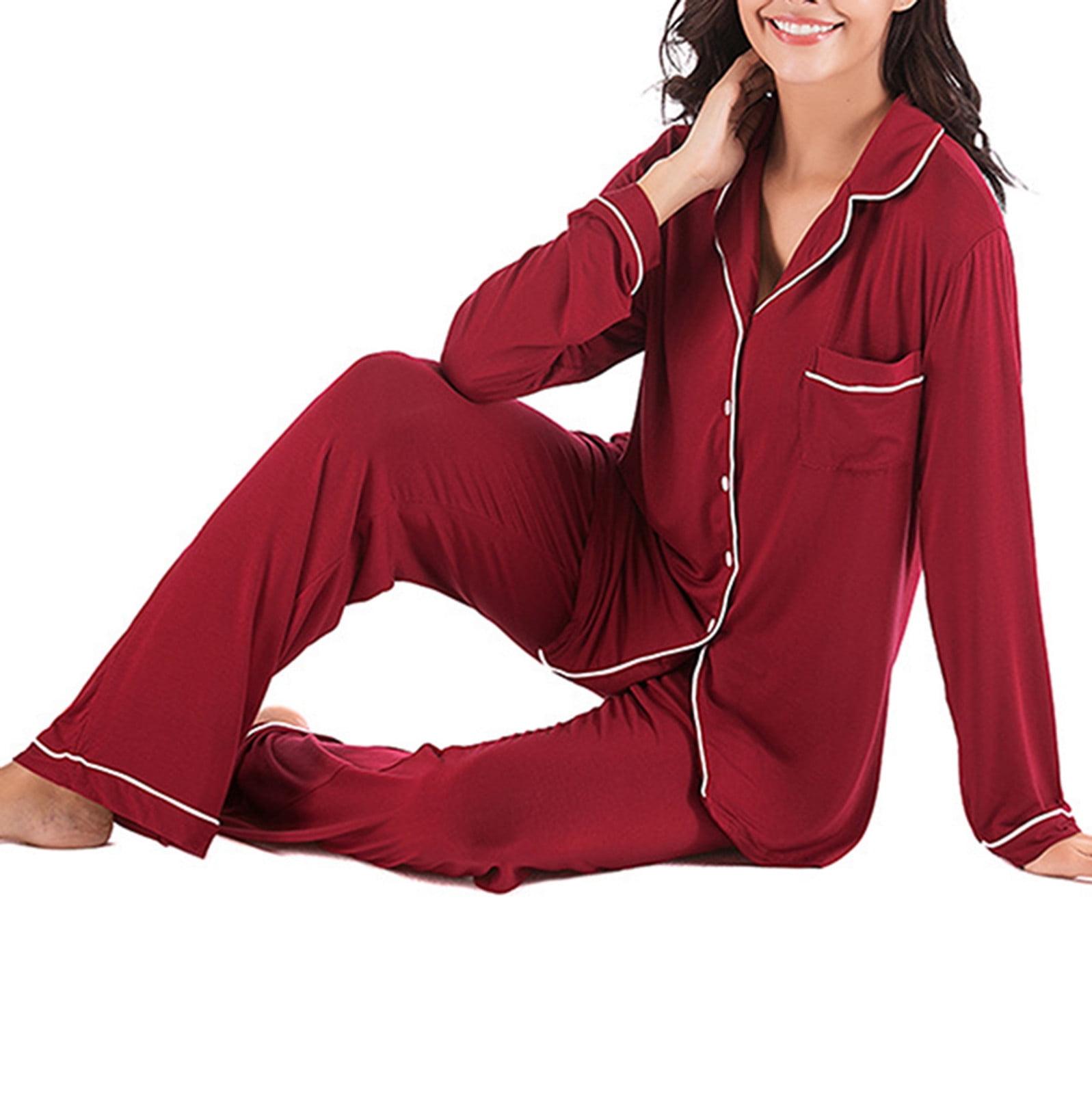 BONIXOOM Christmas Pajamas For Women Matching Family Christmas Pajamas Loungewear None Long Sleeve Sleepwear Sets Solid Wine M