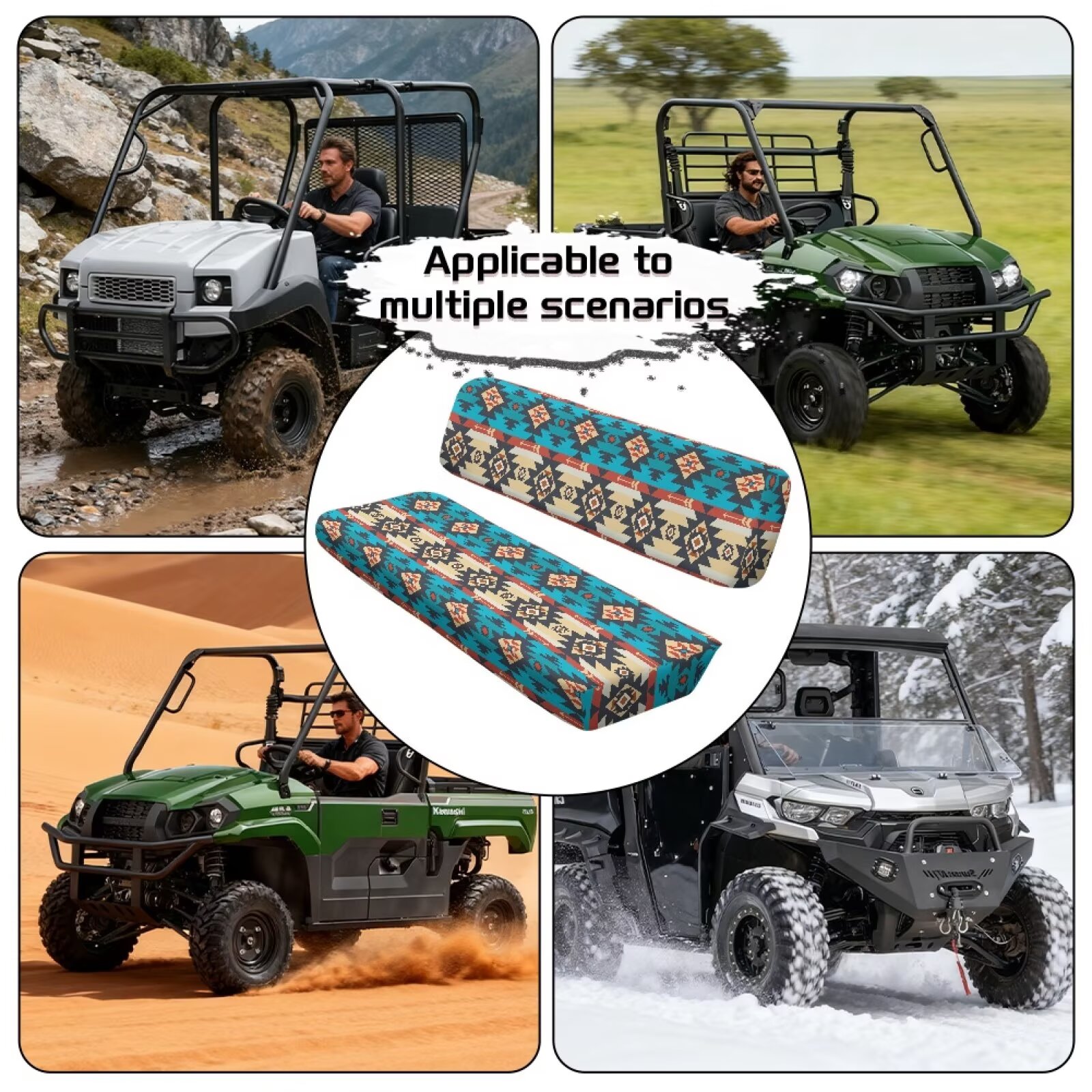 Uorisanigo UTV Seat Cover Compatible with Kawasaki Mule 4010 4x4 FE 2025 2023 2022 2021, Easy to Install UTV Accessories for All Seasons, Anti-Slip Blue Aztec Tribal Ethnic Seat Cover Cushion