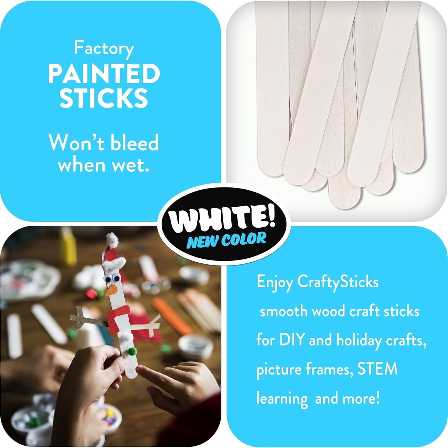 CraftySticks- 300 Pack 6 Inch White Painted Wood Craft Sticks, Jumbo Popsicle Sticks for Crafts, Learning and STEM Basics