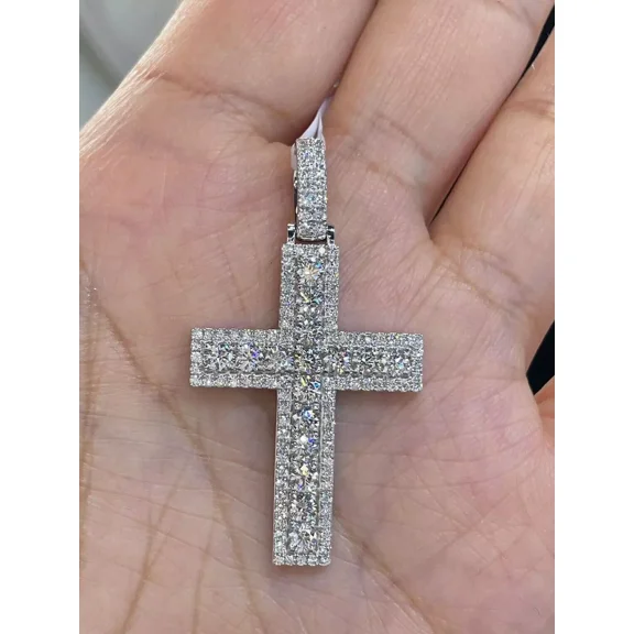 Real Moissanite 3.05Ct Round Cut Men's Cross Pendant White Gold Plated Silver