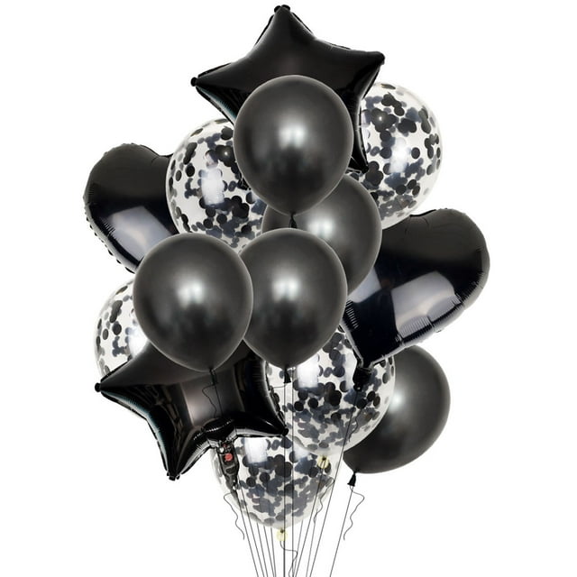 GOOHOCHY 14 globos de aluminio decorativos para fiestas, adornos para reuniones, color negro (2 de corazón de 45 cm, 2 de pentagrama de 45 cm, 5 de látex perlado de 30 cm y 5 de lentejuelas de 30 cm).
