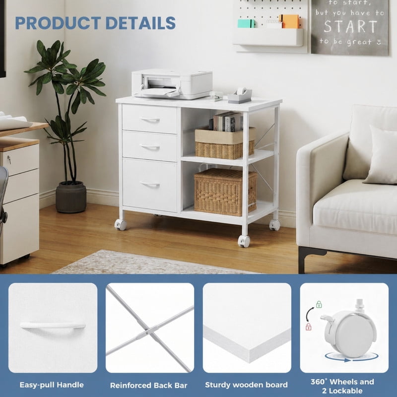 Kelno Rolling File Cabinet with Adjustable Shelf 3 Fabric Drawers Lockable Wheels, White