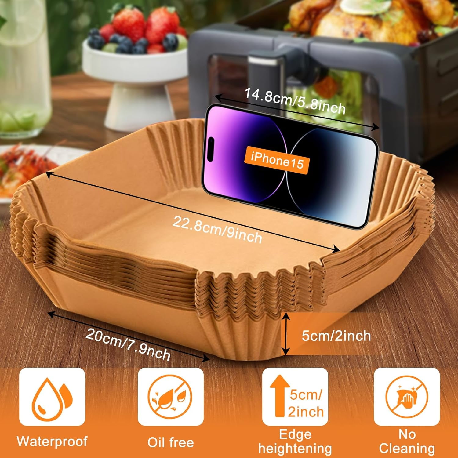 JJEAN-200PCS Air Fryer Liners Disposable: Square 7.9 Inch Non-Stick Airfryer Paper Liners - Food Grade Parchment Paper for 5 6 7 8 QT Air Fryer Baking and Roasting - Waterproof and OilProof (9 Inch o