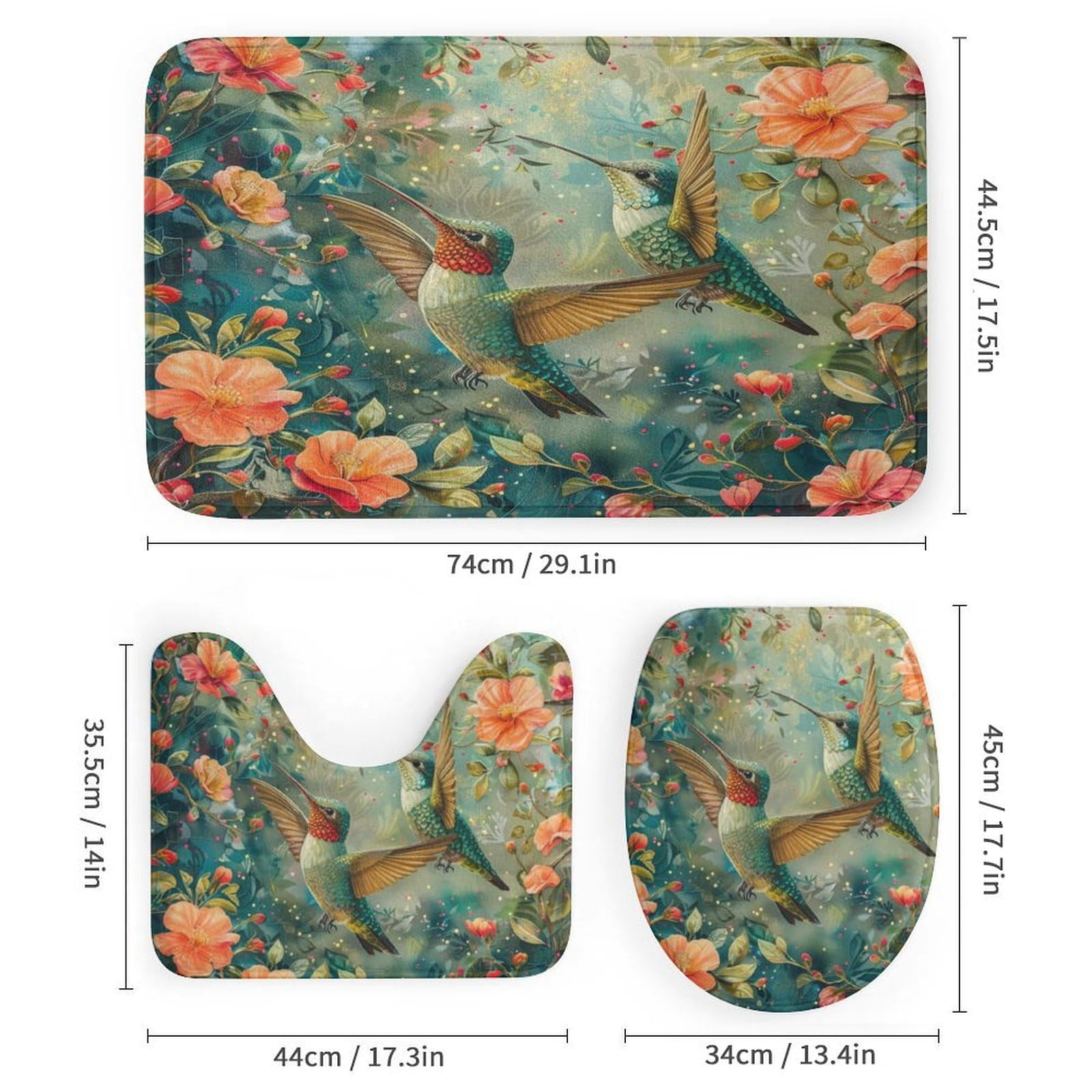 4Pcs Rustic Floral Hummingbird Shower Curtain Sets, Bathroom Decor Set with Rugs, Bath Mat Classic Asian Nature Botanical Shower Curtain, 72 X 72 Inch