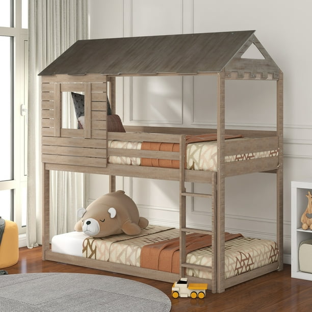 Pannow Wooden Bunk Bed Loft Twin, Antique Wooden Bunk Beds With Stairs