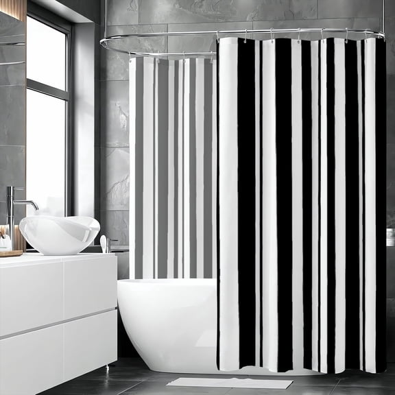 Modern Minimalist Vertical Black and White Stripe Shower Curtain Classic Geometric Pattern Fabric Waterproof Bath Curtain