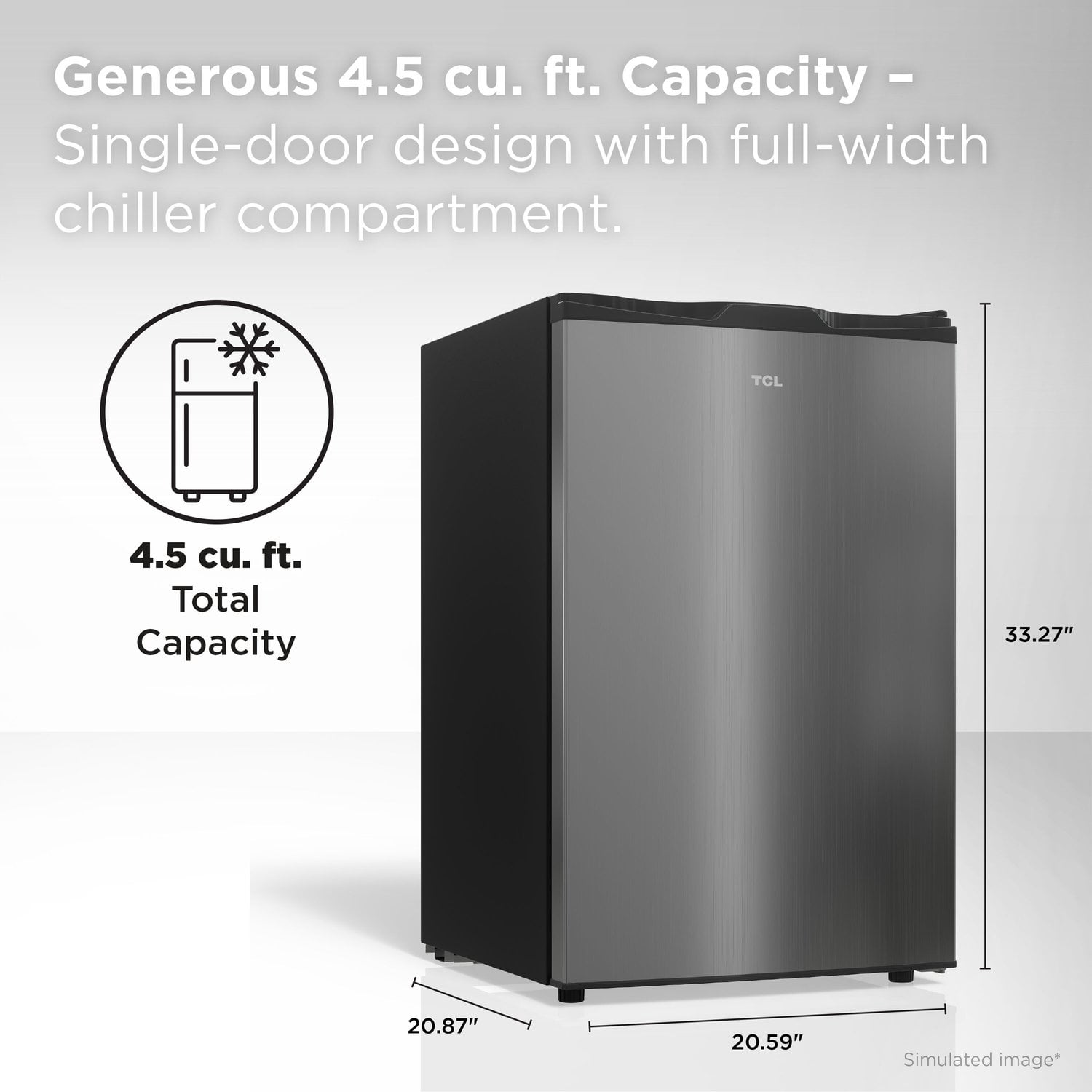 TCL Silver Single Door Compact Refrigerator without Freezer for Dorm, Office & Garage, 4.5 Cu. Ft.