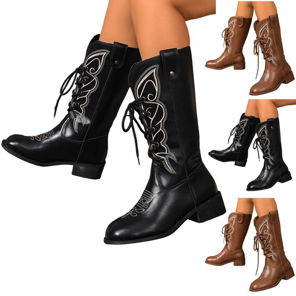 Dakaela Western Cowgirl Boots for Women Cowboy Wide Mid Calf Booties Lace up Combat Dress Motorcycle Riding Shoes Black 6.5