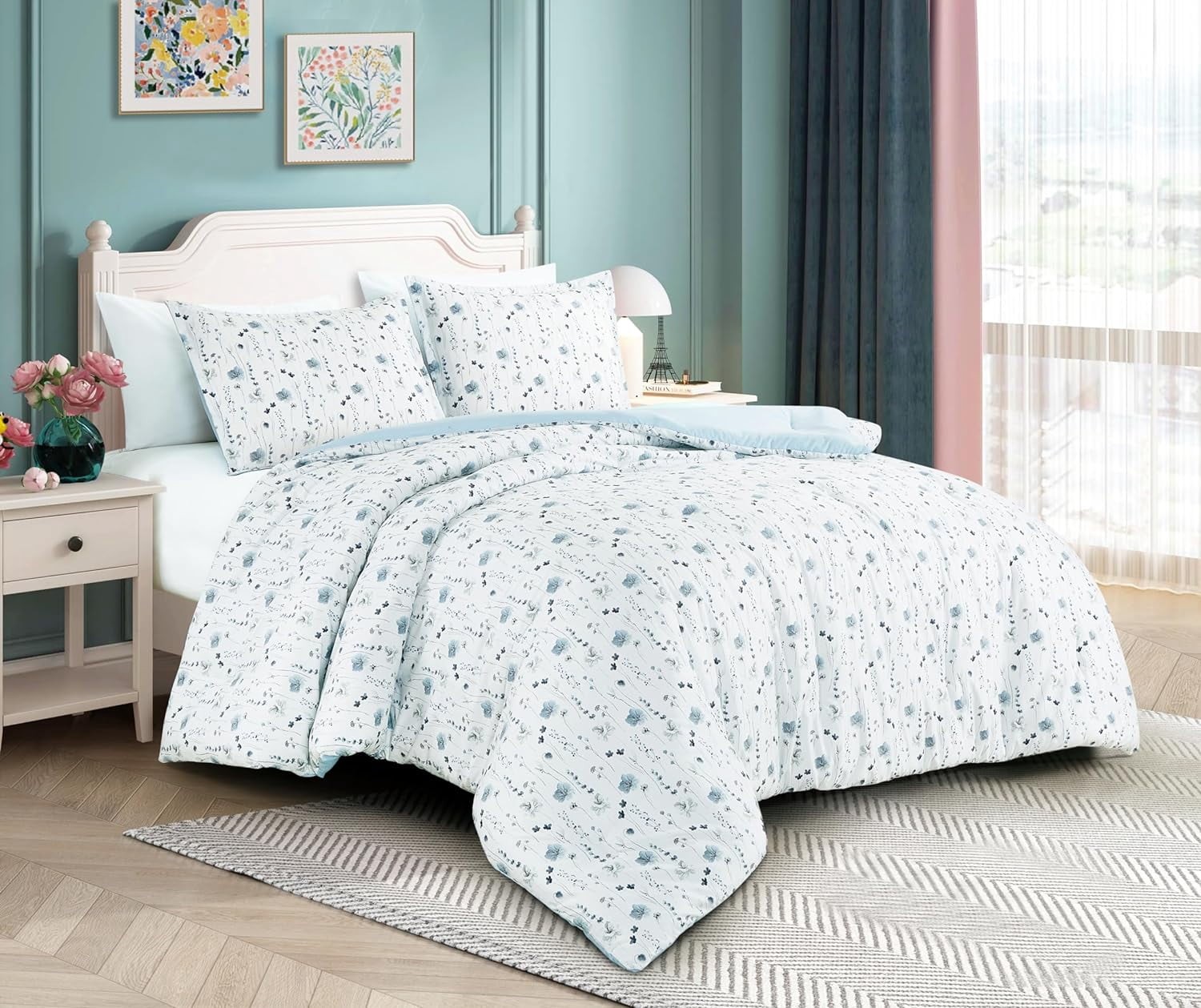 Chezmoi Collection Fran 3-Piece Boho Floral Comforter Set, Queen, Blue White Poppy Flower Printed Microfiber Lightweight Bedding Set
