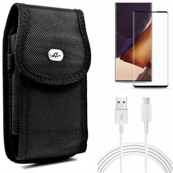10ft USB-C Cable & Screen Protector & Case Belt Clip for Samsung Galaxy Note 20 Ultra (6.9") - Combo with Type-C Charger Cord & Tempered Glass (Fingerprint Unlock) & Rugged Holster