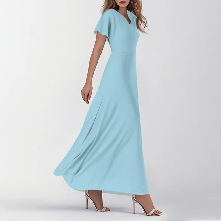 TQWQT Women's Plus Size Spring Dresses Casual Long Sky Blue Dress Short  Sleeve V Neck Church Dresses Boho Summer Tiered Dress Sky Blue L