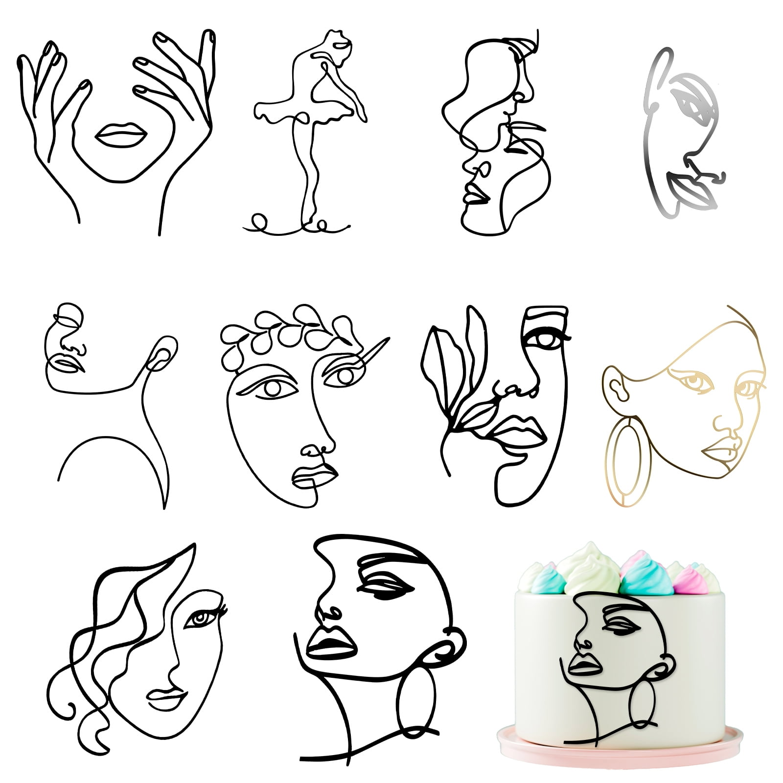 Keyohome 10PCS Minimalist Art Lady Face Cake Topper 3D Abstract