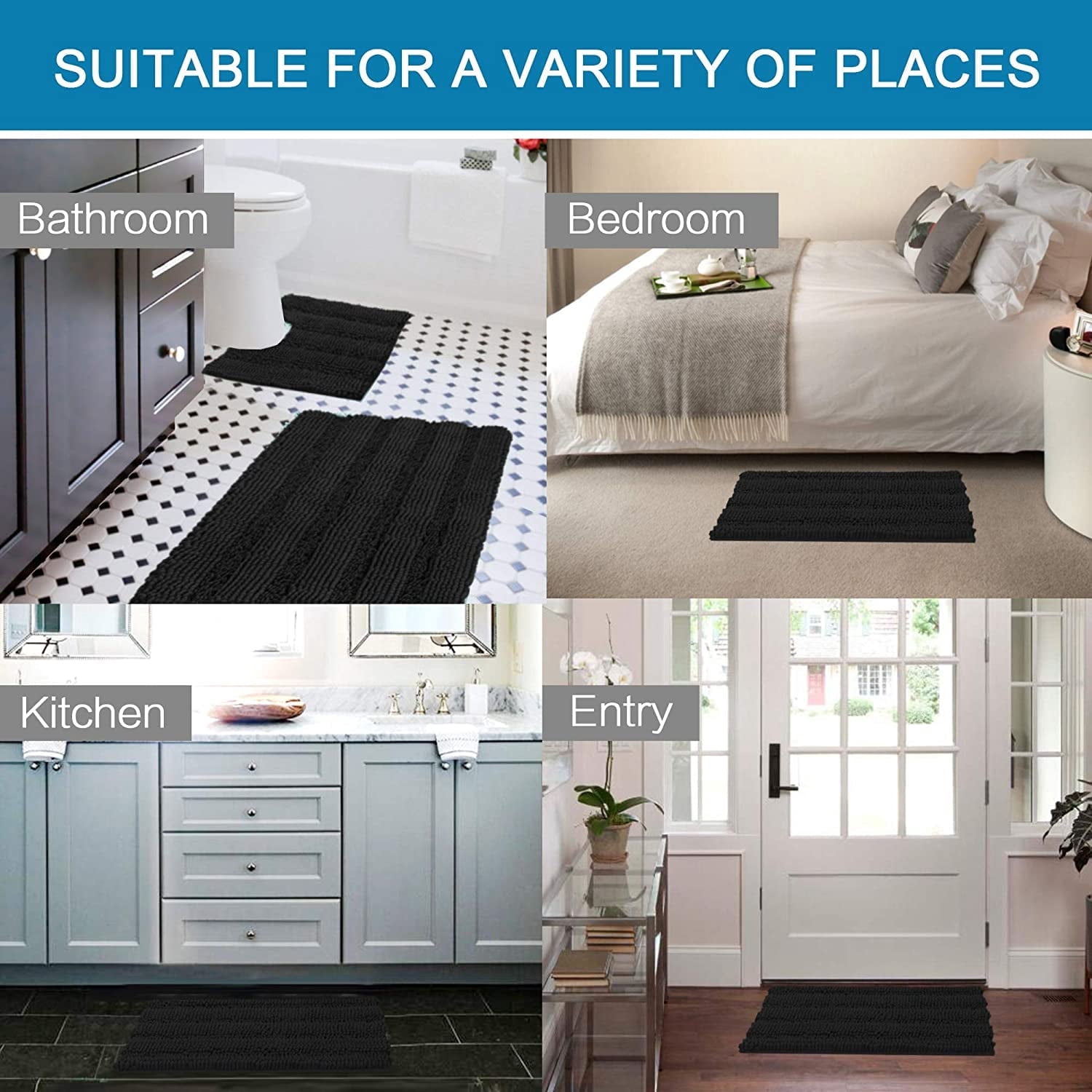 PrimeBeau Luxurious Chenille 3 Piece Bathroom Rugs Set Non Slip Soft Bath Mat for Tub, Shower and Toilet