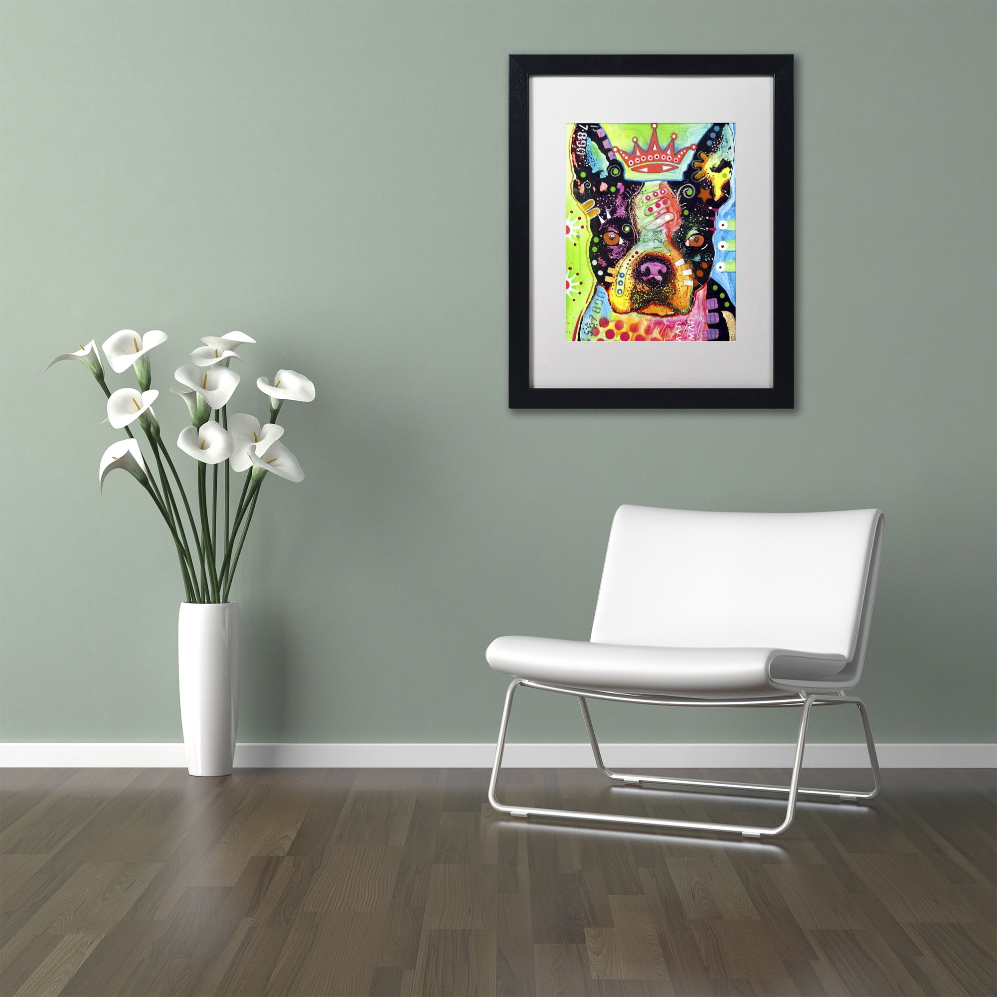 Trademark Fine Art "Boston Terrier Crowned" Canvas Art by Dean Russo, White Matte, Black Frame