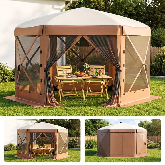 Pop Up Gazebo Screen Tent, 12' x 12' Hexagonal Outdoor Canopy Shelter with Mesh Walls and Detachable Side Panels, Instant Portable Screen House for Backyard, Camping, and Patio