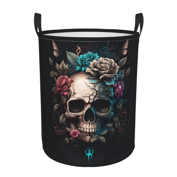 DouZhe Waterproof Collapsible Large Laundry Baskets, Boho Skull Ghost Flowers Prints Circular Hamper with Handles